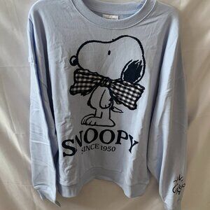 PEANUTS Snoopy Plaid Bow Graphic Crew Neck Sweater in Blue Sz LARGE
